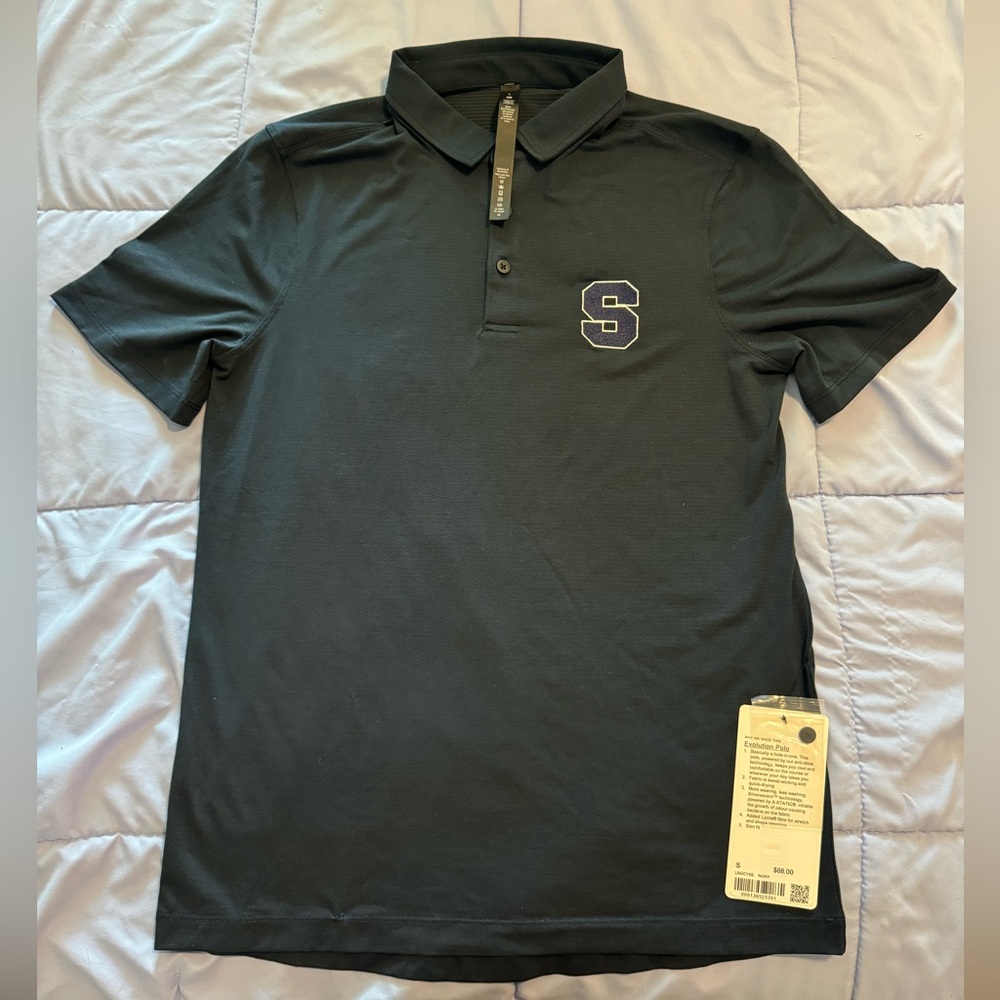 Men's navy blue Lululemon Evolution Polo Shirt with “S” embroidered stitch.